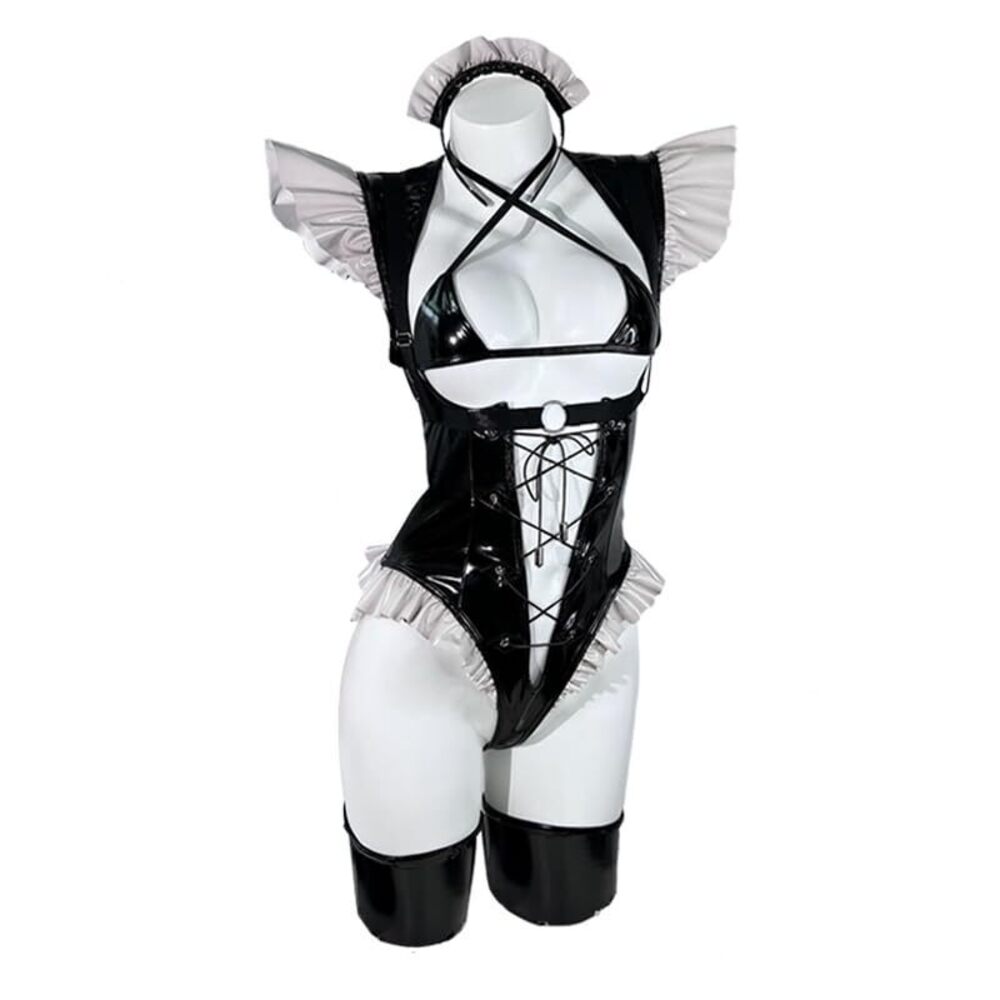 4884 Bar Maiden Maid costume（5-Piece Set） Black premium pu cosplay lingerie